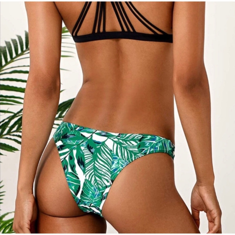 Cupshe Palm Print Bikini Bottom White Green Tropical High Cut Swimwear XL NEW